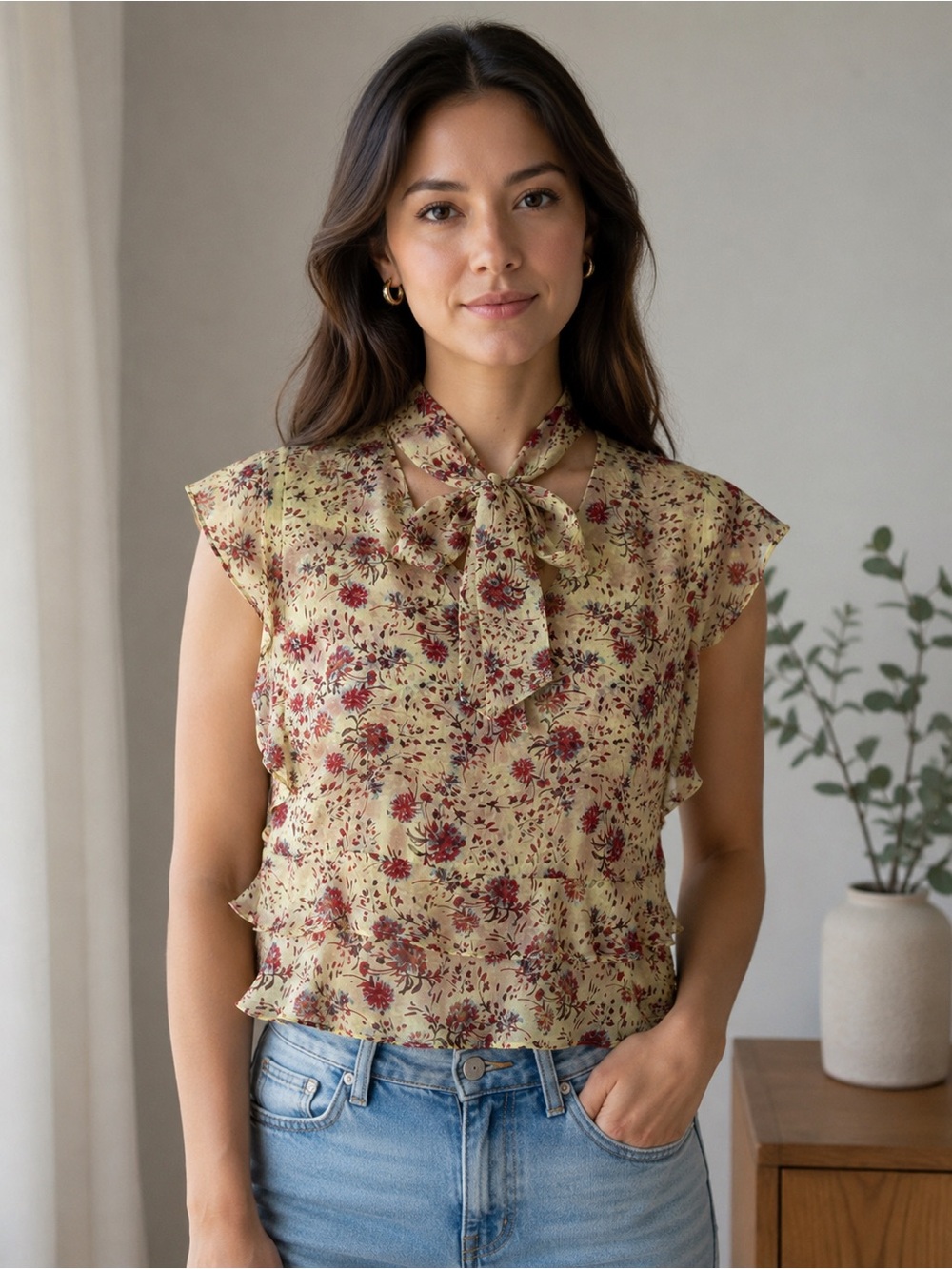 INTERMIX Women’s Size P/XS Yellow Floral Print Ruffle‎ Tie Neck Cropped Blouse